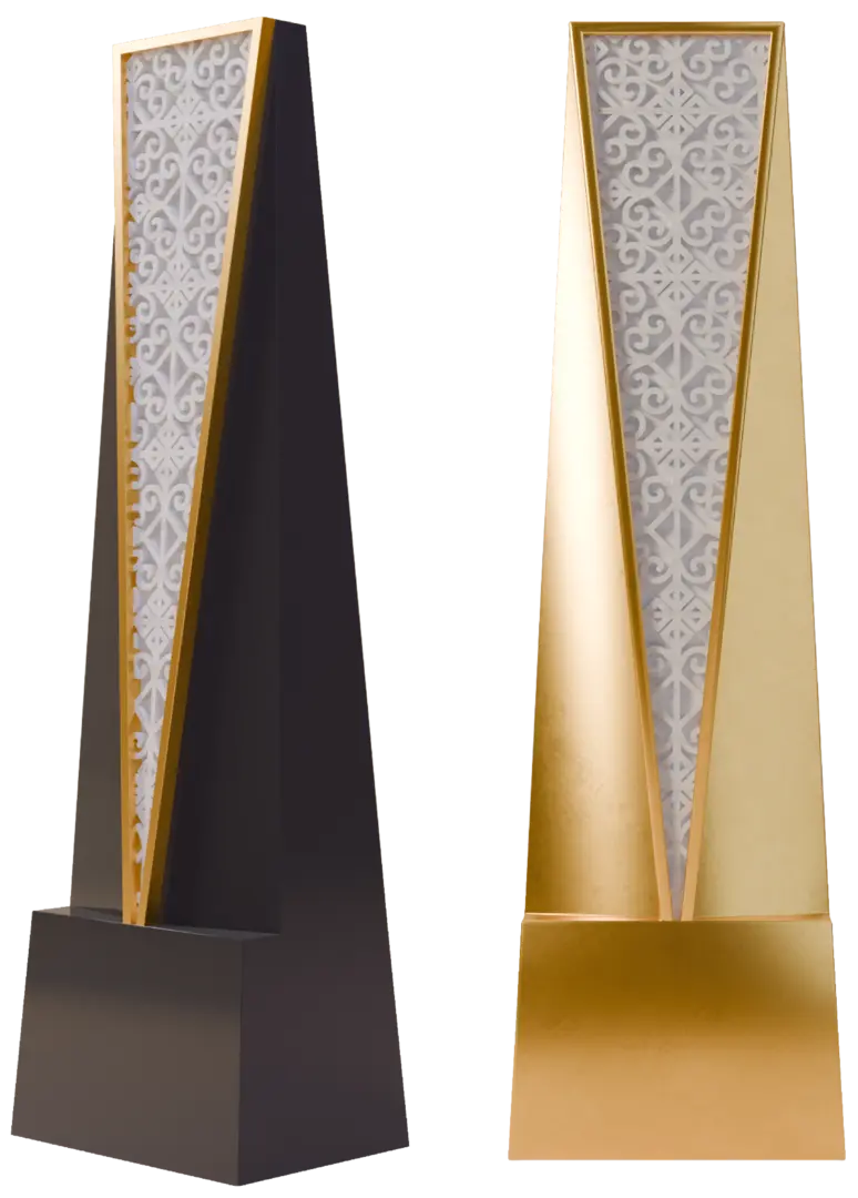 The Maldives Financial Sector Awards trophy, shown in black and gold finishes, with a carved Hirigaa coral-stone fretwork inset